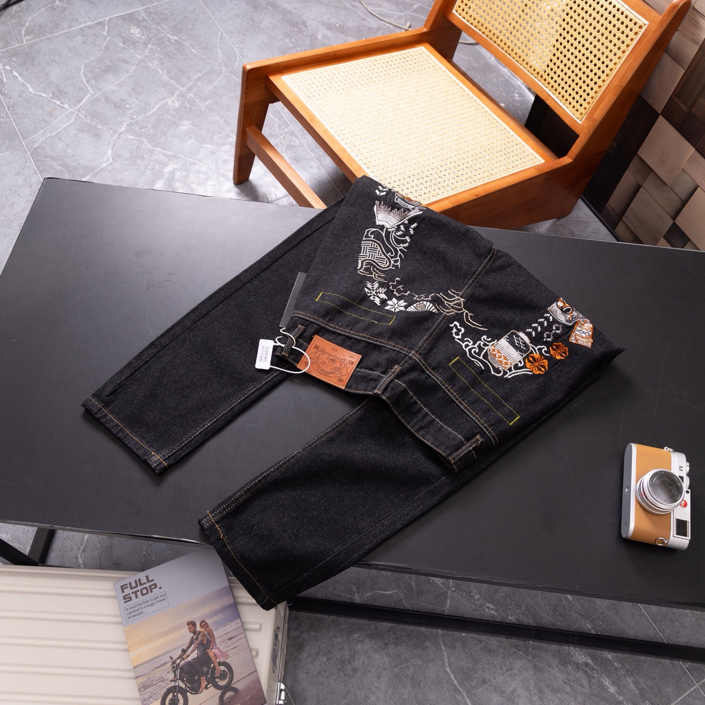 Evisu black macadamia flower jeans