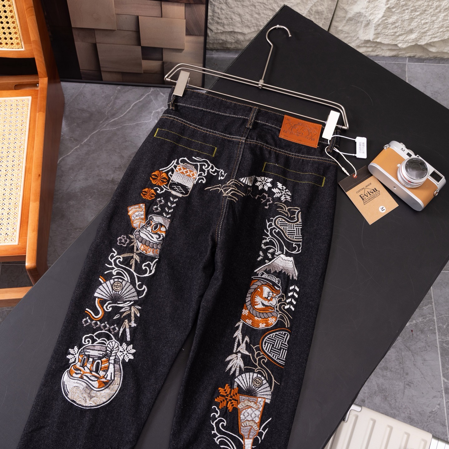 Evisu black macadamia flower jeans