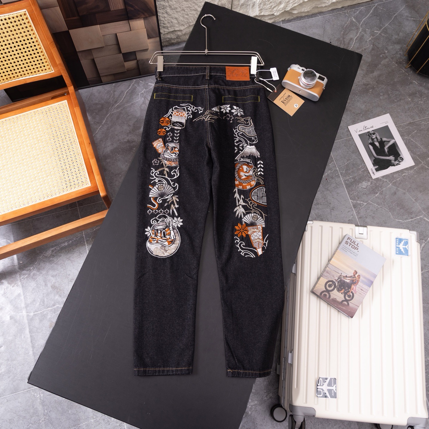 Evisu black macadamia flower jeans