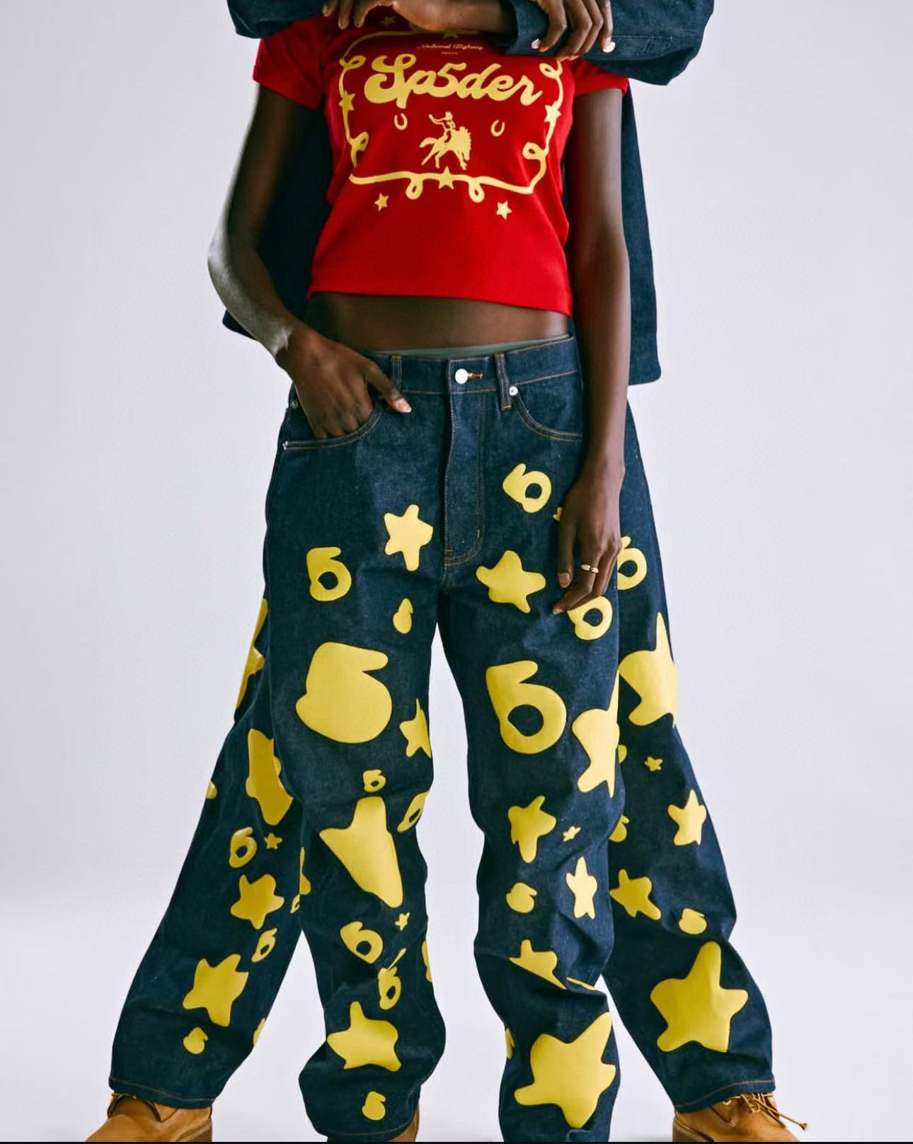 1:1 Best Quality Sp5der Yellow Star Jeans Navy Blue