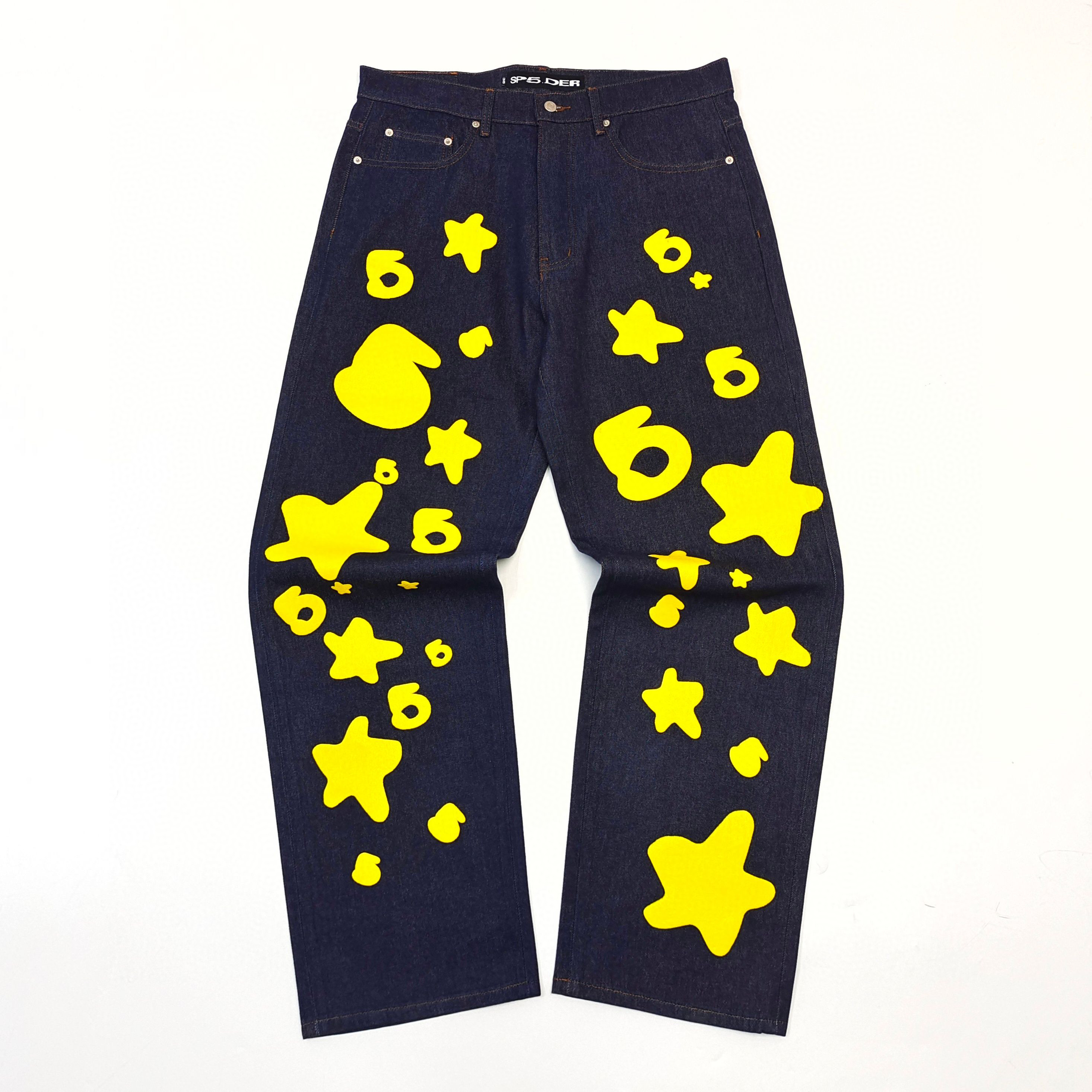 1:1 Best Quality Sp5der Yellow Star Jeans Navy Blue