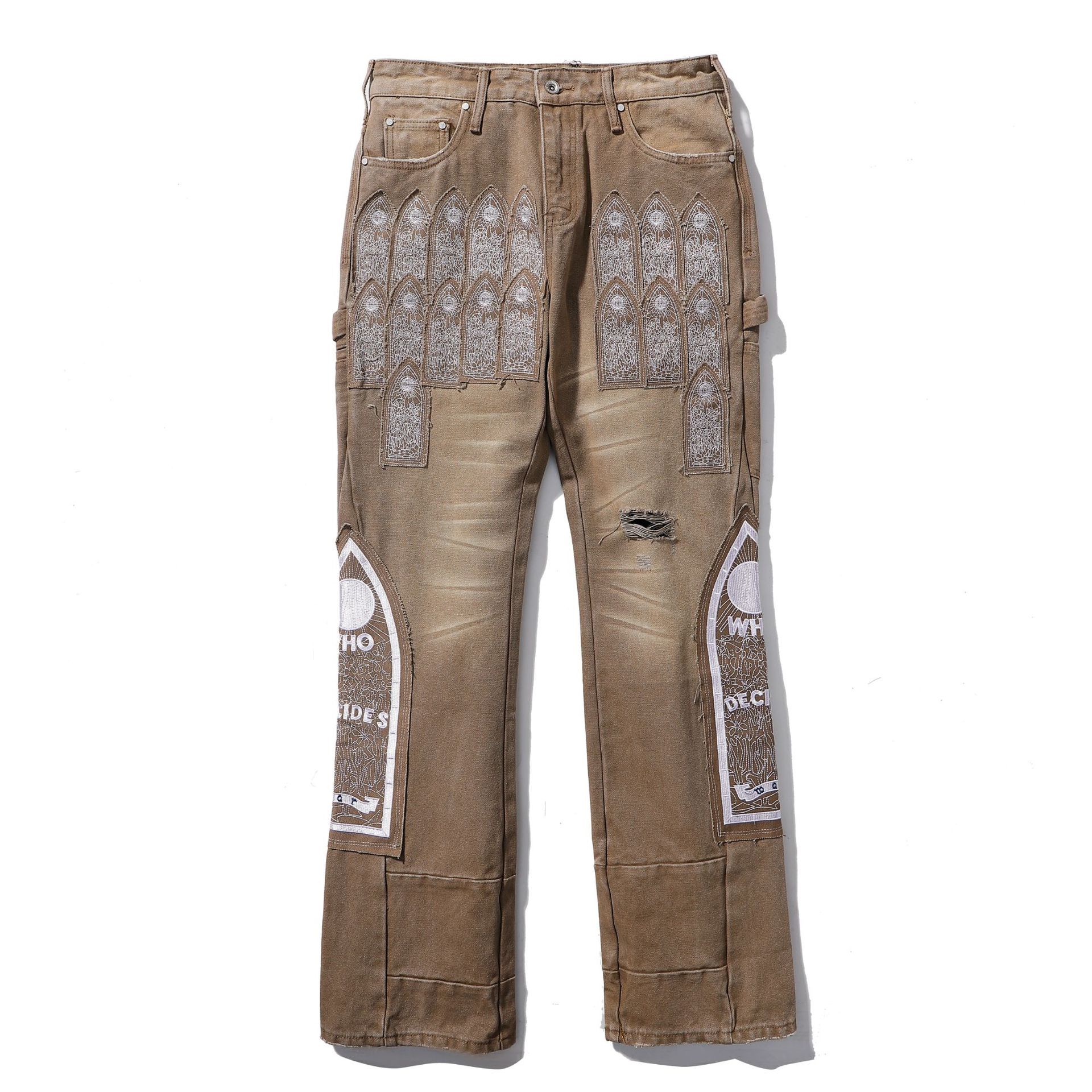 1:1 Best Quality who decides war Heavy craftsmanship Embroidery jeans washed Brown