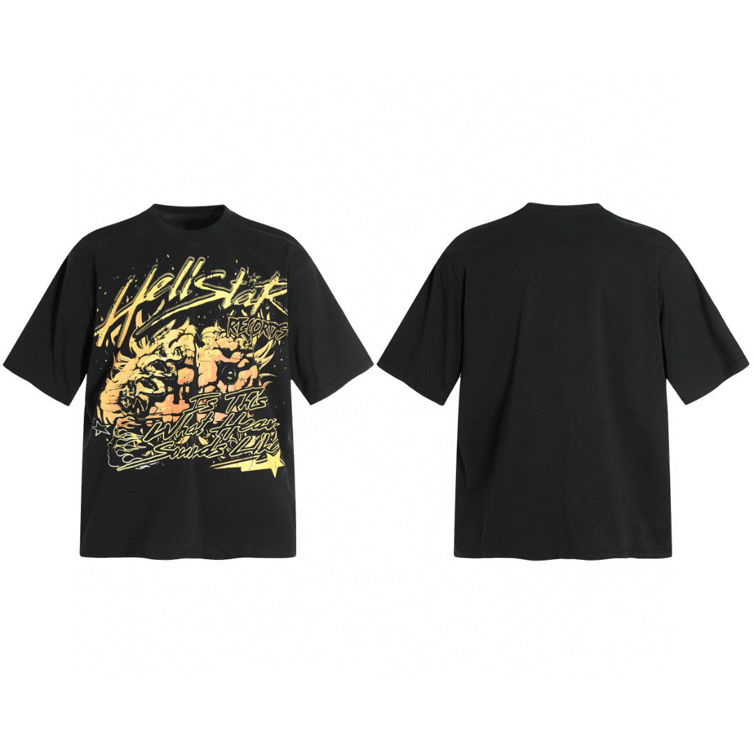 Hellstar Yellow Letters Print Tee Black (need one size up)