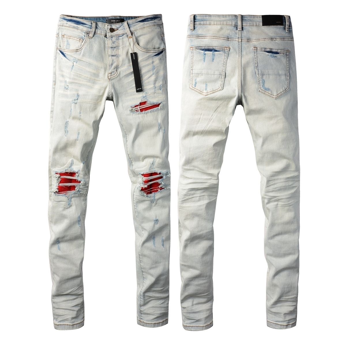 No. 8887 AMIRI Red Hole Jeans in Light Blue Color