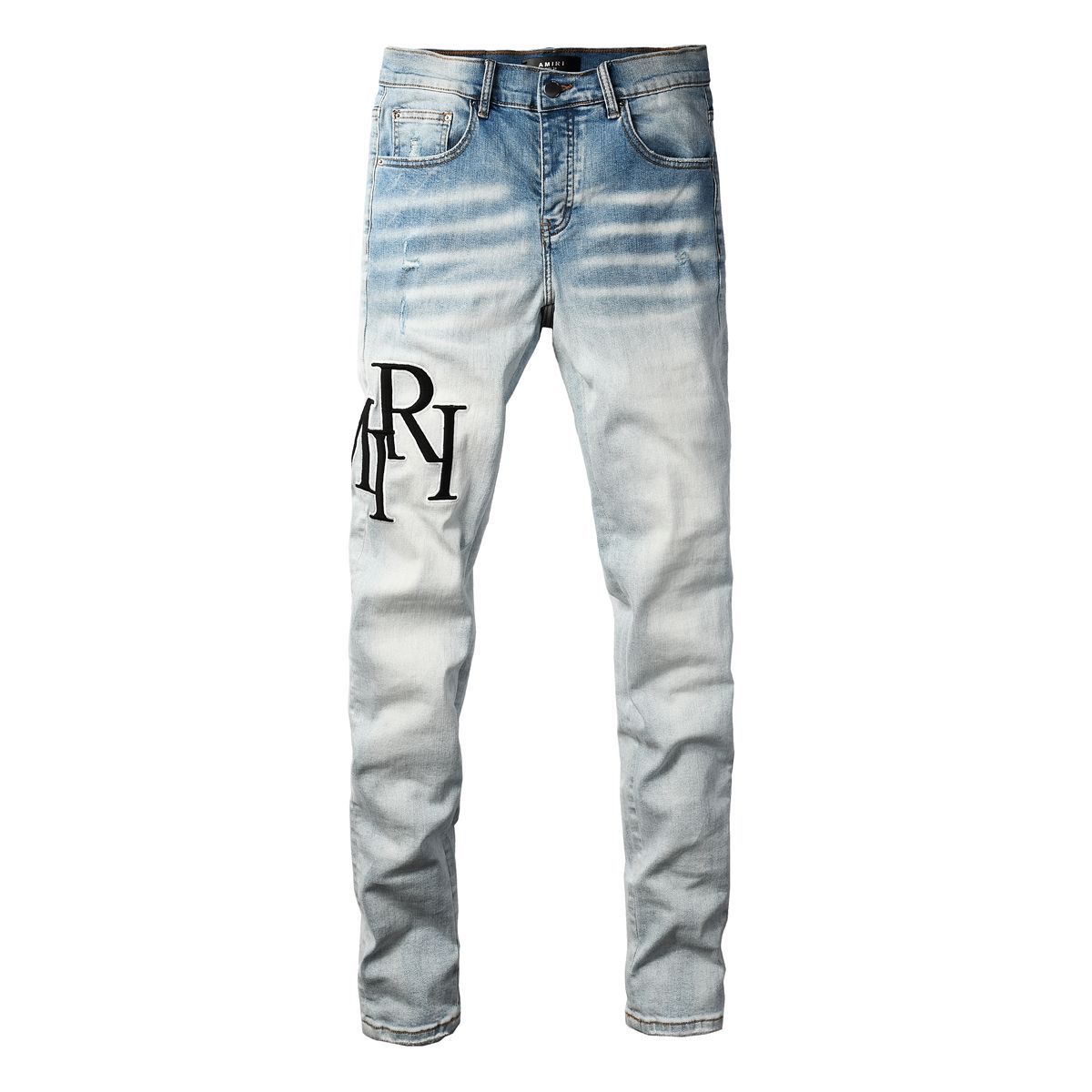 NO. 8910 AMIRI Black Logo Letters Jeans Light Blue Color