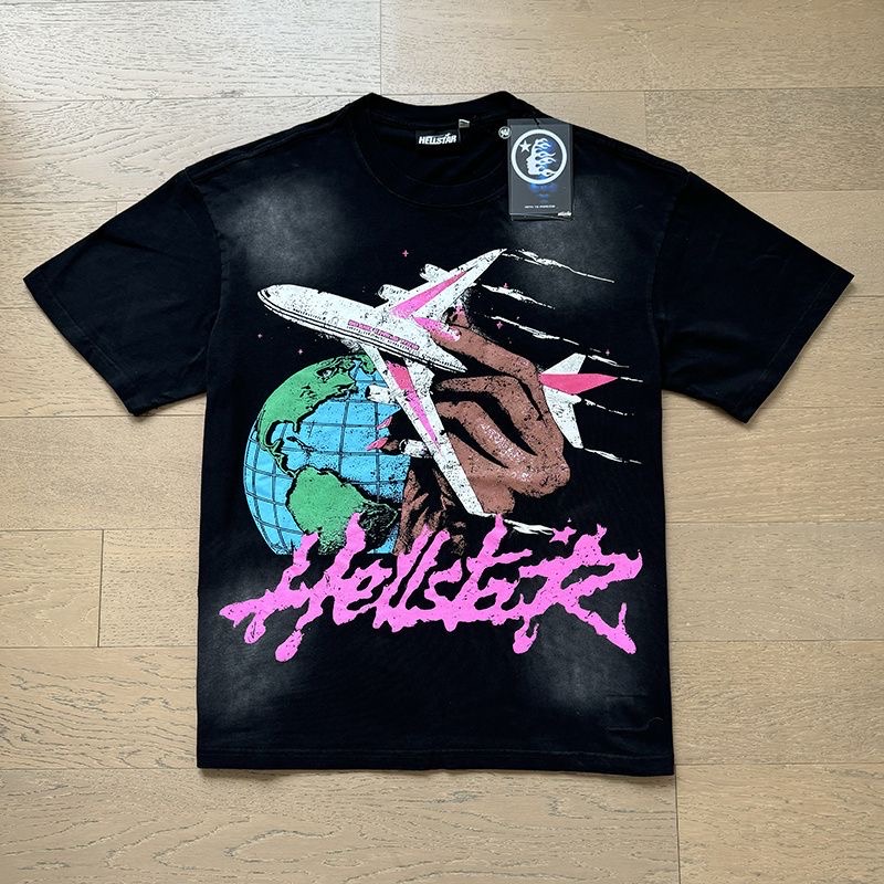 hellstar washed black and pink worldwide tee