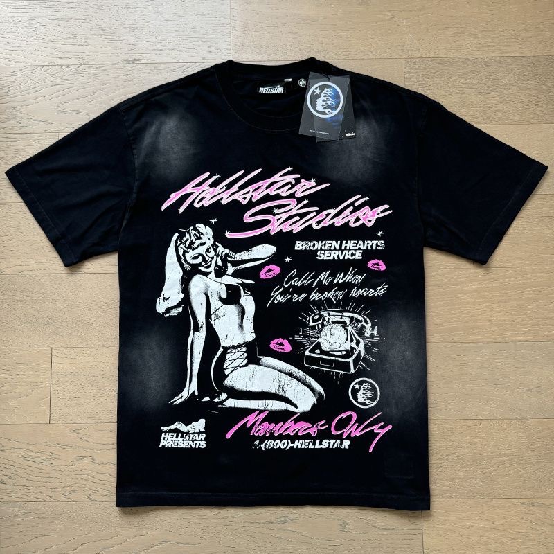 hellstar black and pink broken hearts service tee