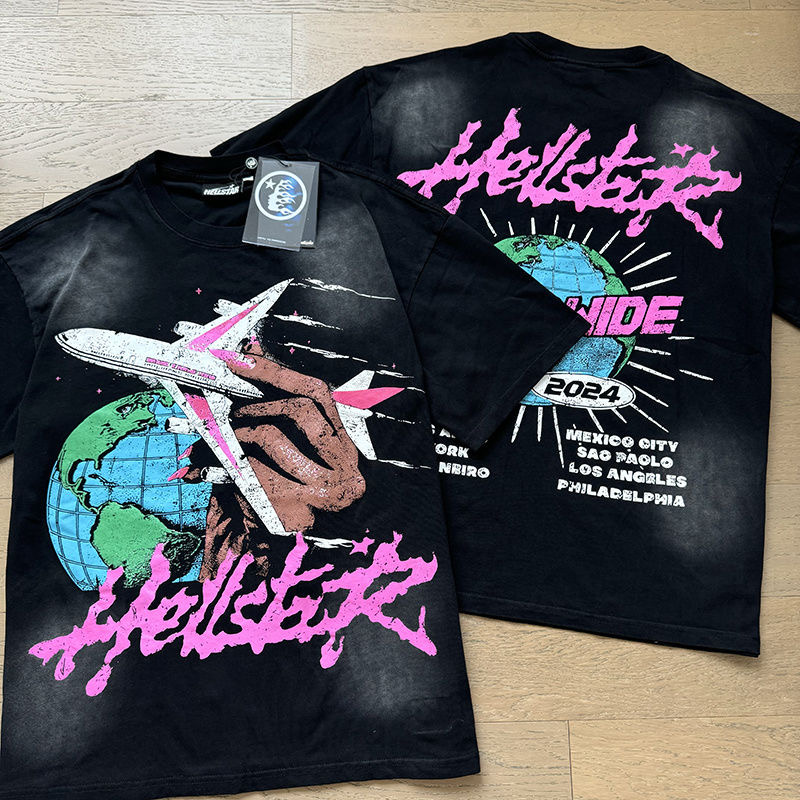 hellstar washed black and pink worldwide tee