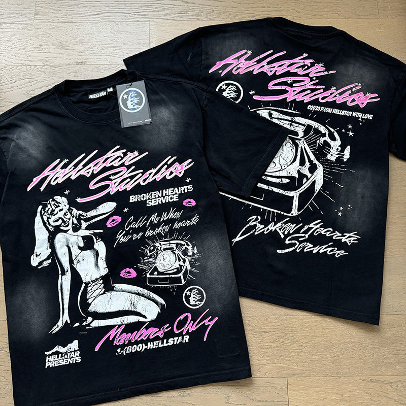 hellstar black and pink broken hearts service tee