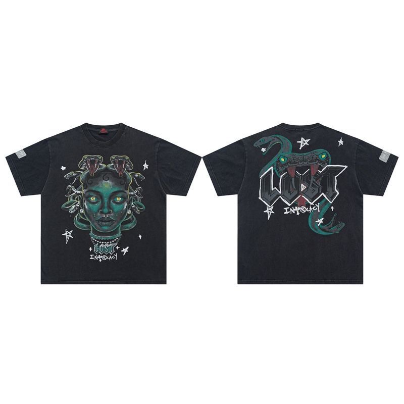 Lost intricacy Snake Woman Print Tee washed Black