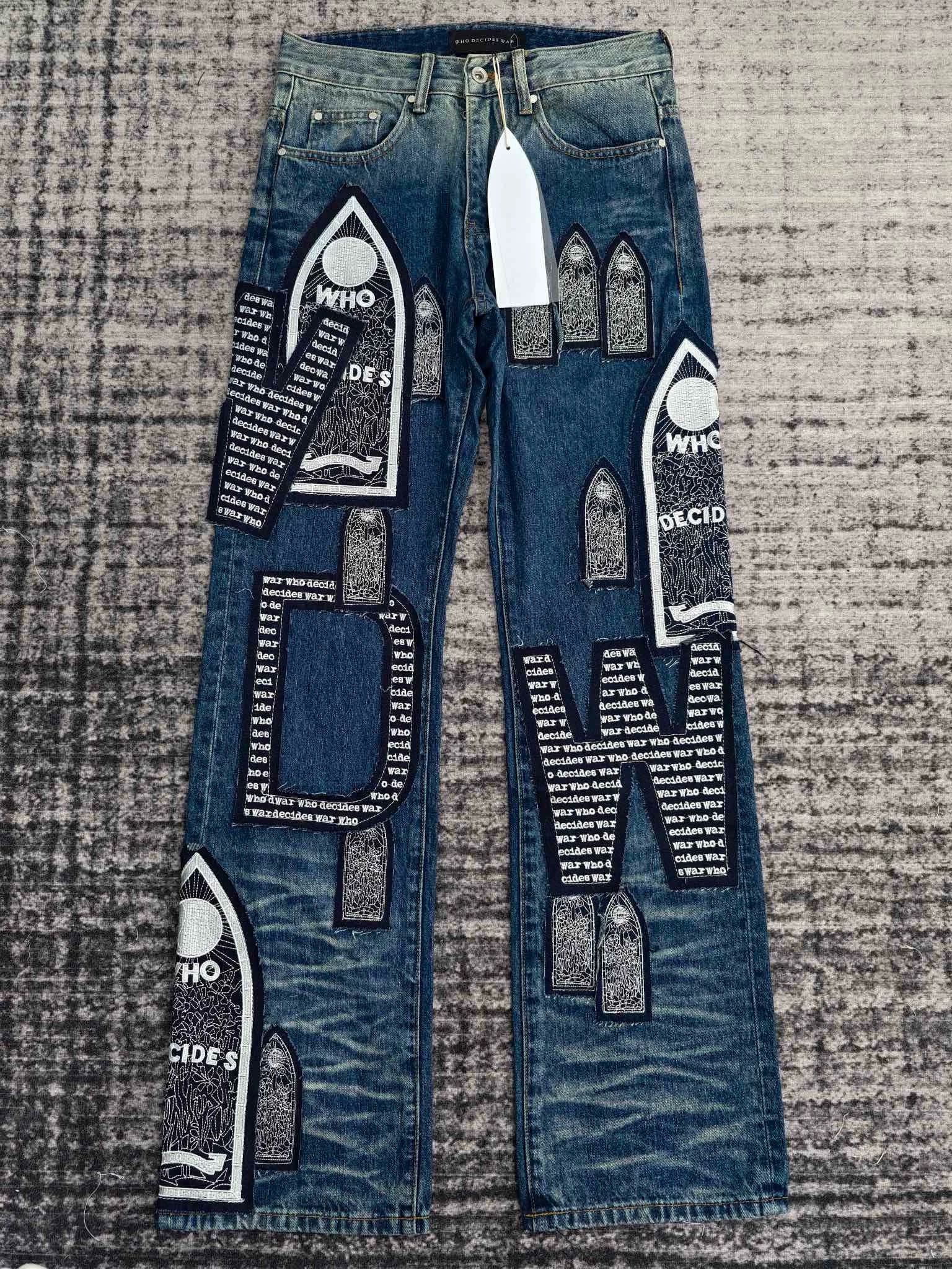 WHO DECIDES WAR JEANS Men's slim-fit embroidered straight-leg jeans with a trendy American style.