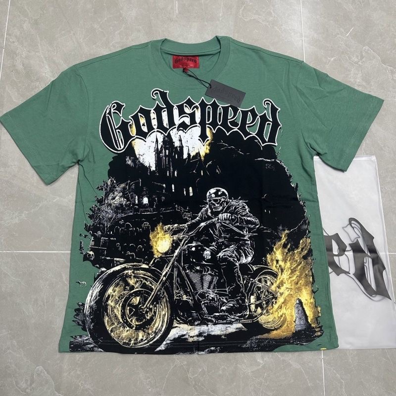 Godspeed Skeleton Knight Printed Washed Rustic Rock Street Casual Short-Sleeved T-Shirt