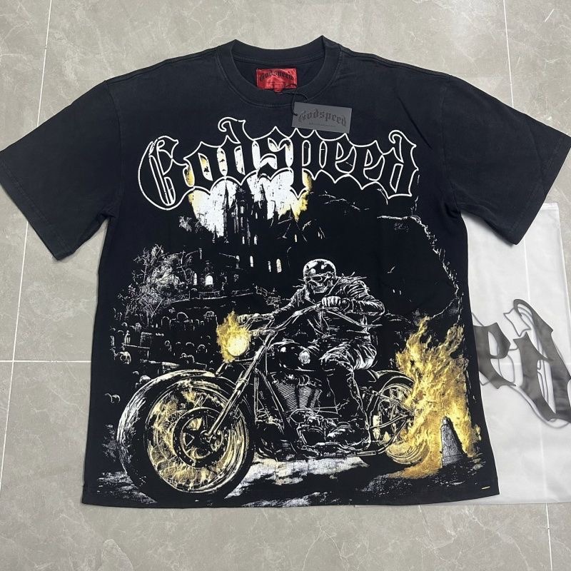 Godspeed Skeleton Knight Printed Washed Rustic Rock Street Casual Short-Sleeved T-Shirt