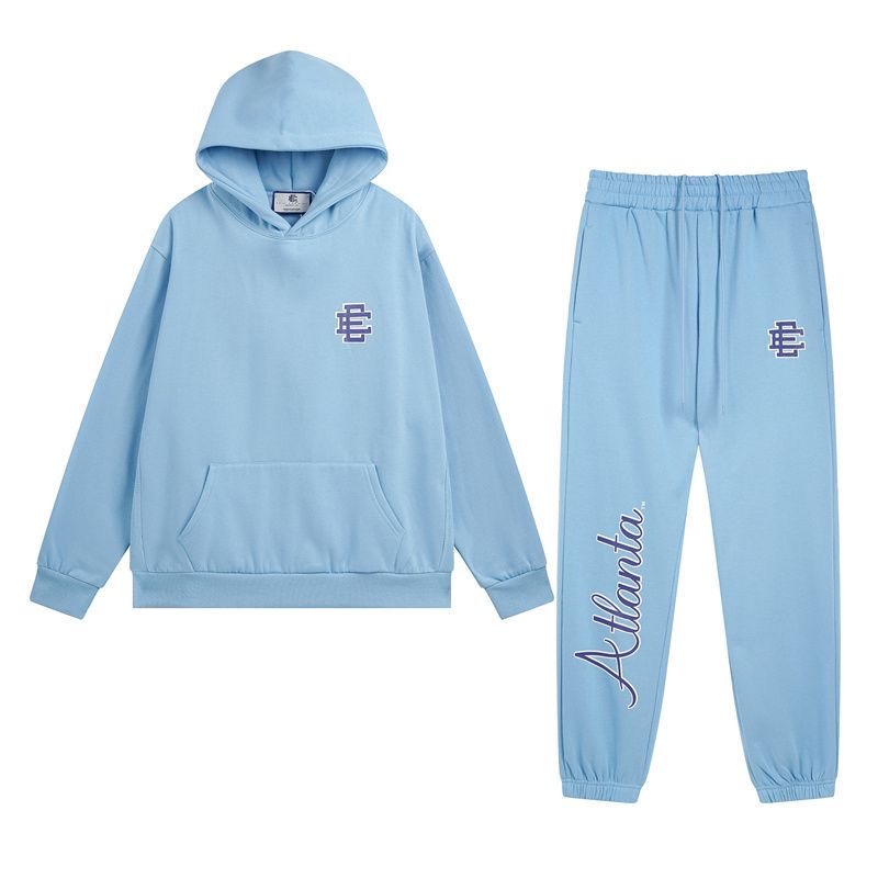 Eric Emanuel letter print fleece-lined hooded sweatshirt and casual long pants set, perfect for an ins look.