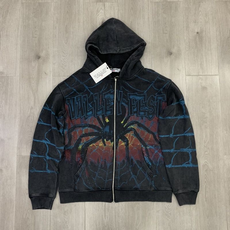 Vale Forever Spider Print Distressed Fleece Hooded Zip-Up Sweatshirt Jacket
