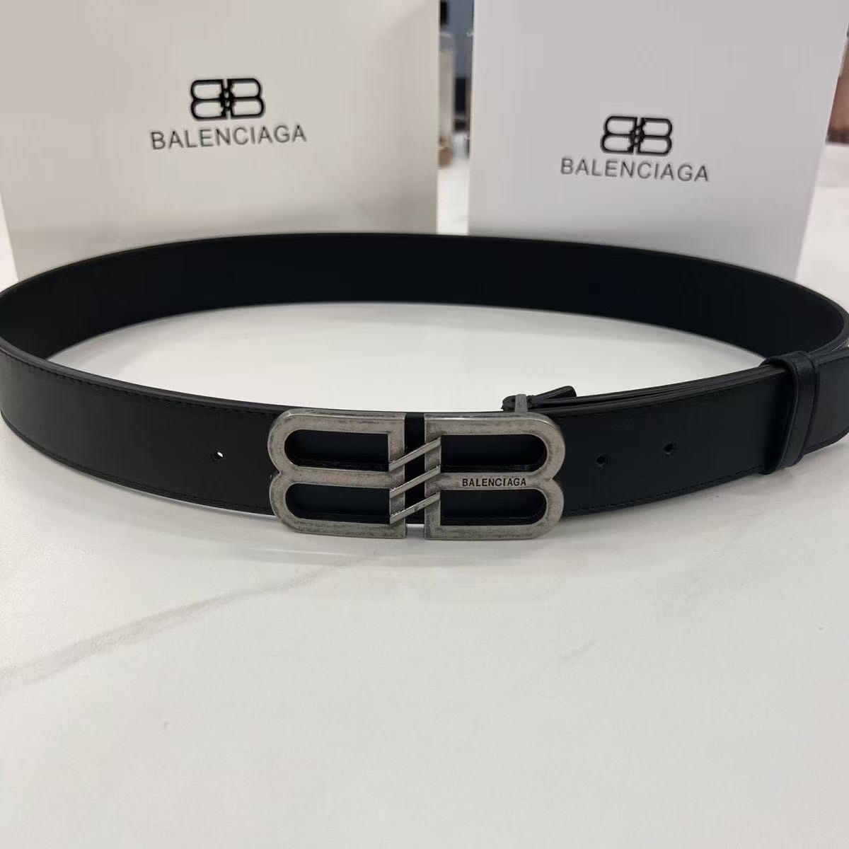 New Balenciaga men's smooth buckle waist belt with top layer genuine leather