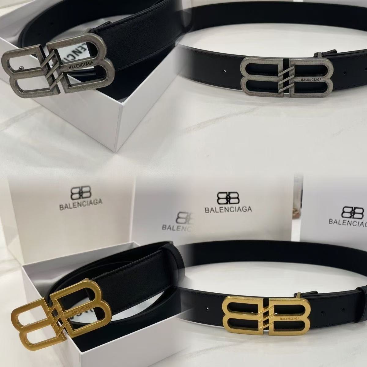 New Balenciaga men's smooth buckle waist belt with top layer genuine leather