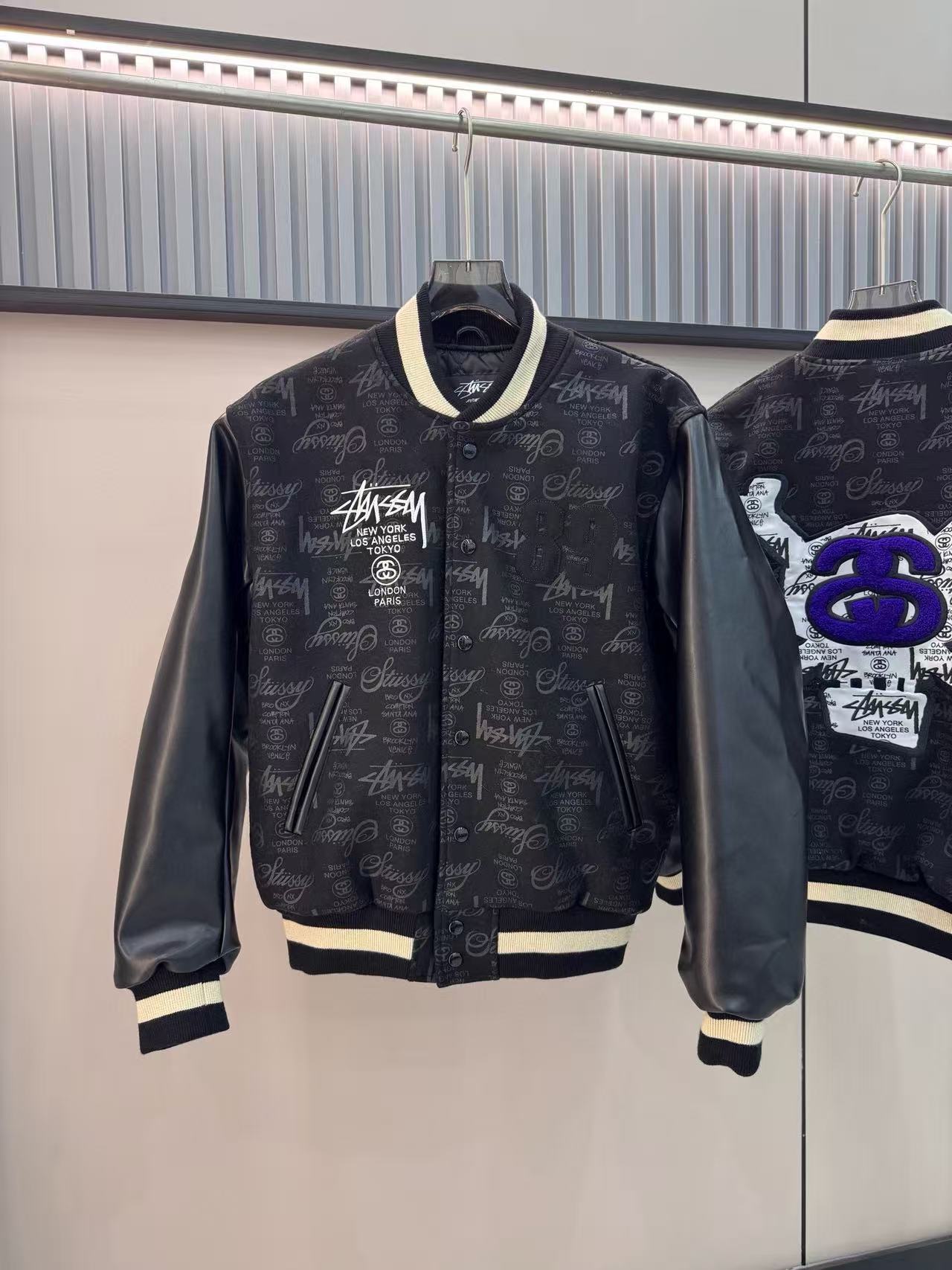 Stussy black dark flower letter baseball jersey