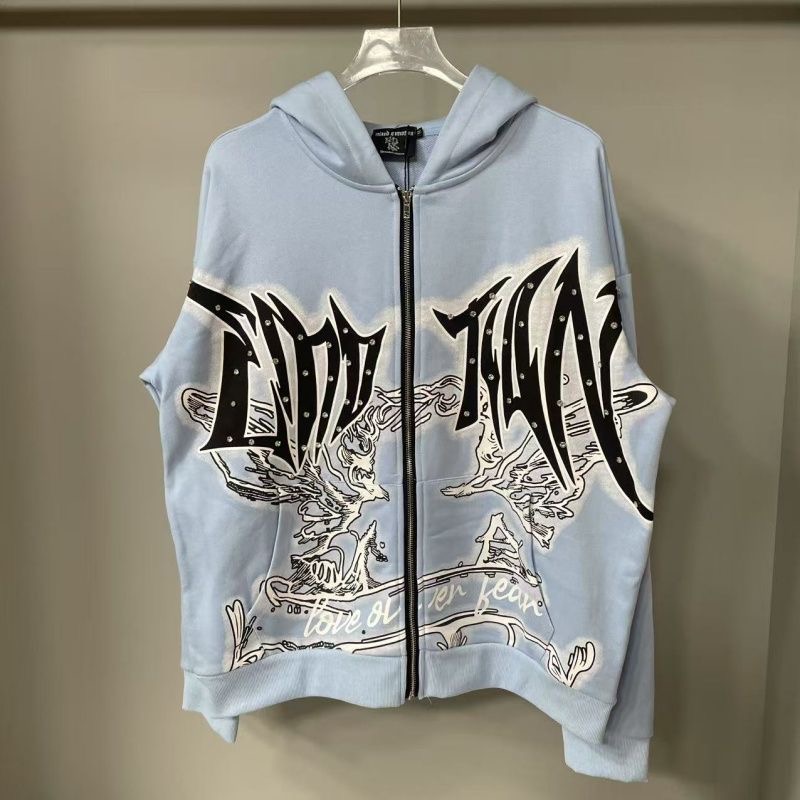 MIXED EMOTION Street Vintage Printed Hot Stamped Cardigan Hooded Sweatshirt