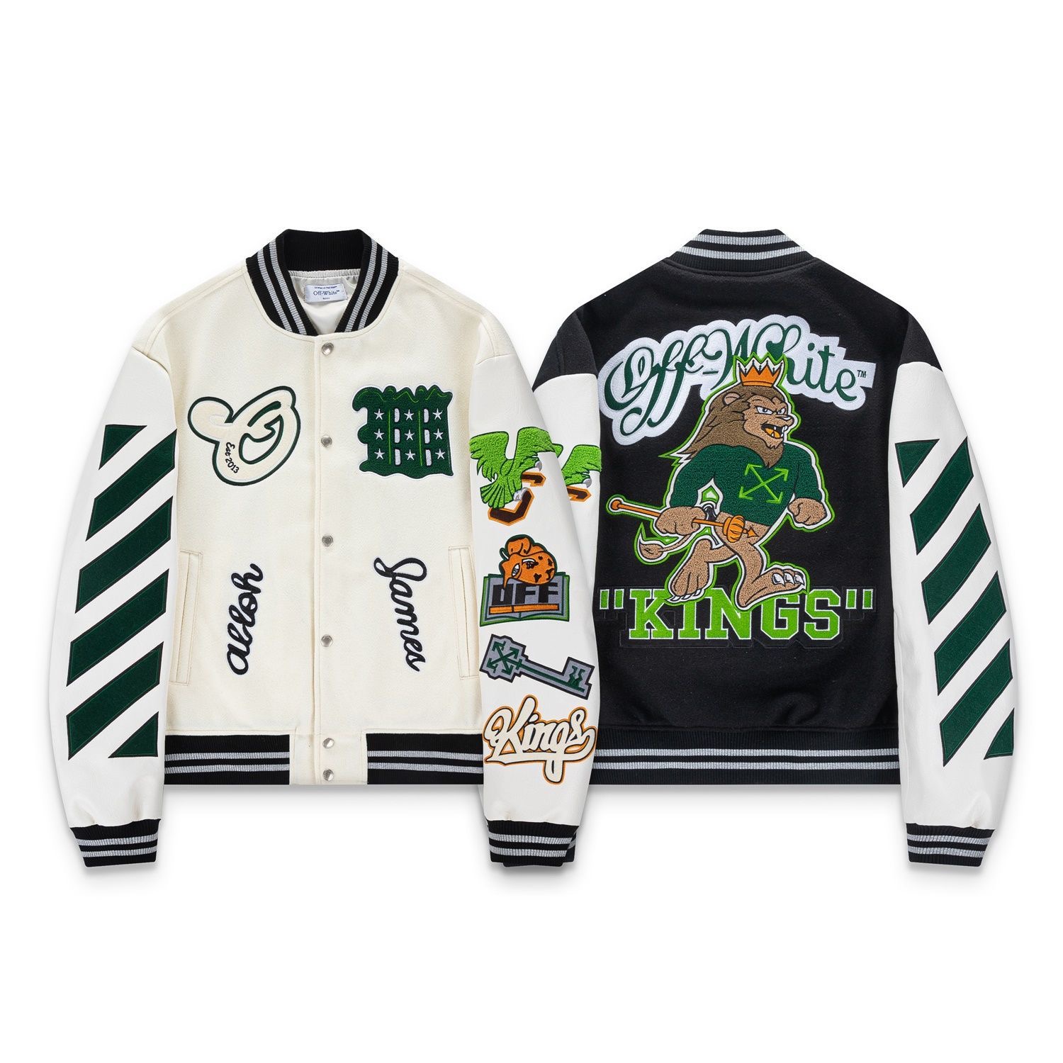 Off-white embroidery with patchwork, leather sleeves, baseball jacket, outerwear.