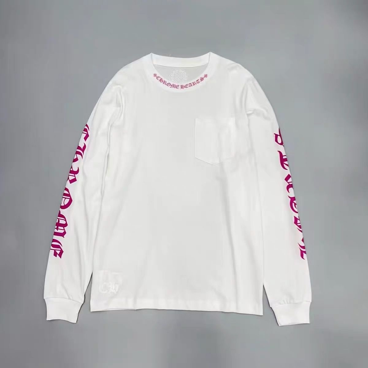 Chrome Heart Round-neck Long-sleeved T-shirt with Embroidered Letters and Floral Print on Armholes
