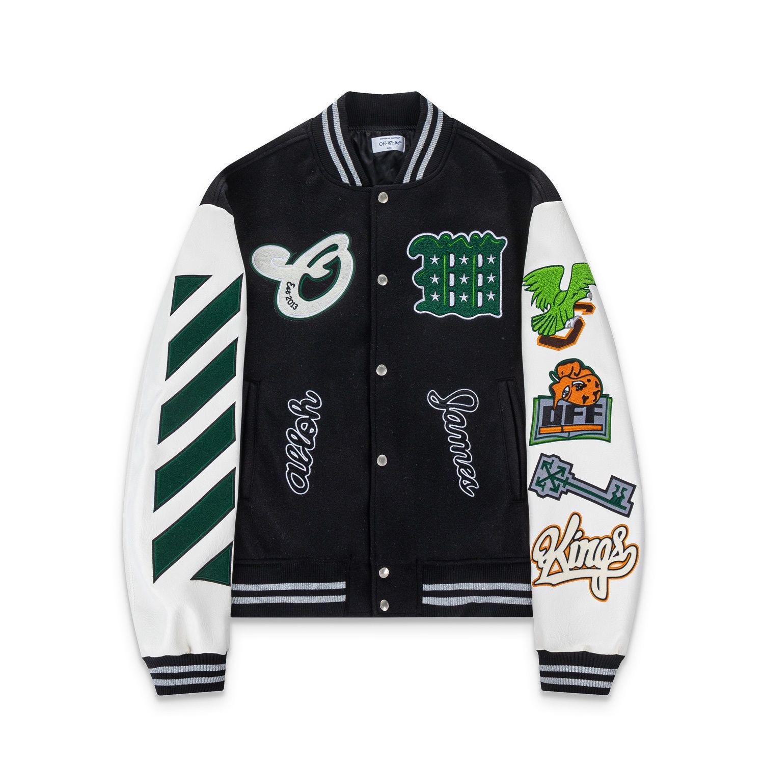Off-white embroidery with patchwork, leather sleeves, baseball jacket, outerwear.