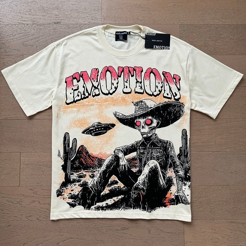 Mixed Emotion American-style street skull cowboy print crewneck short-sleeved T-shirt