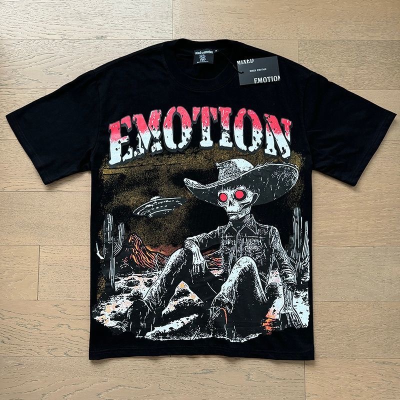 Mixed Emotion American-style street skull cowboy print crewneck short-sleeved T-shirt