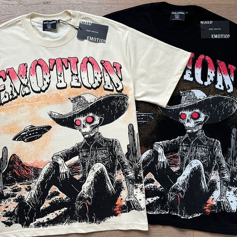 Mixed Emotion American-style street skull cowboy print crewneck short-sleeved T-shirt