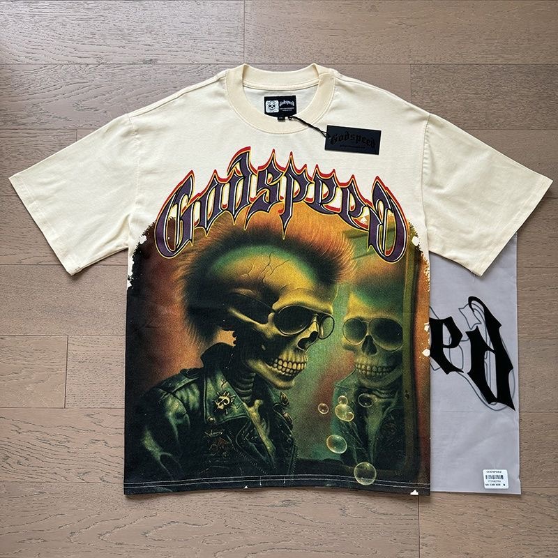 Godspeed Vintage Skull Print Distressed Short Sleeve T-shirt