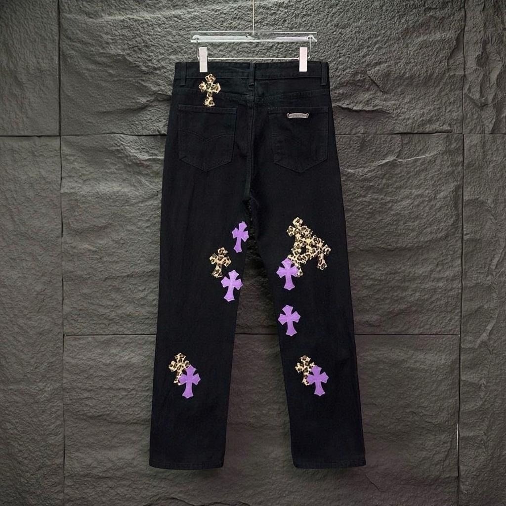 Chrome Heart black-bottomed purple with leopard print cross-shaped jeans