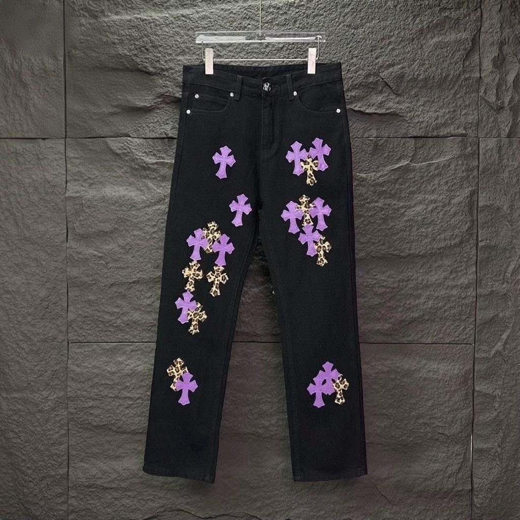 Chrome Heart black-bottomed purple with leopard print cross-shaped jeans