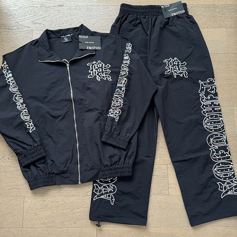 Mixed Emotion - Trendy Urban Embroidered Diamond Letter Style Jacket and Pants Set with Long-Sleeved Trousers