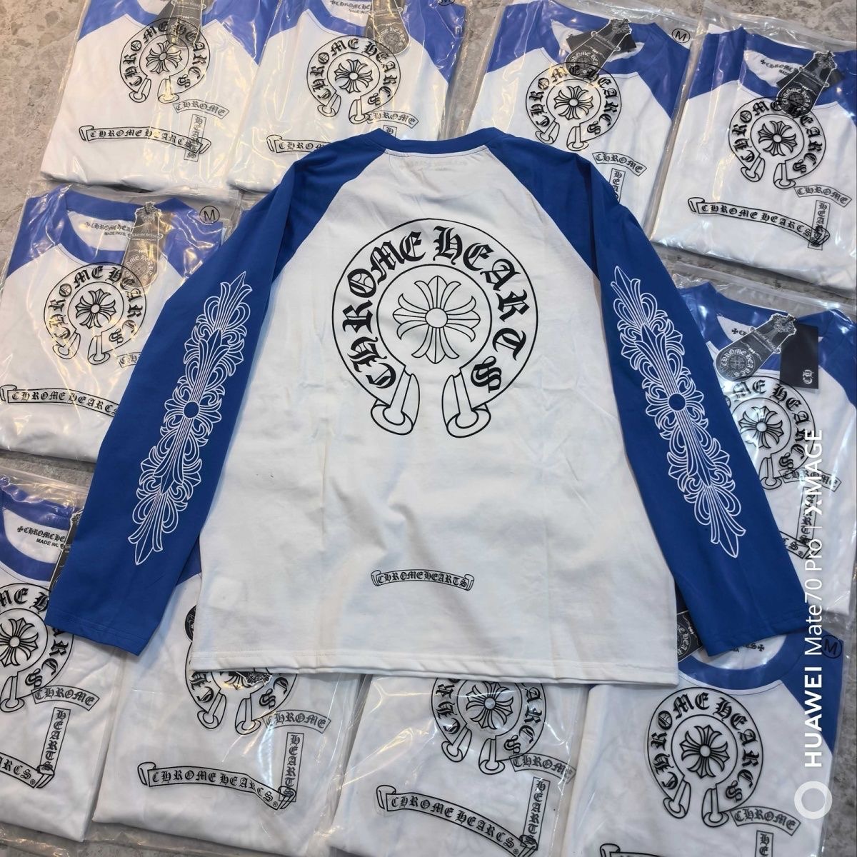 Chrome Hearts large logo Sanskrit blue and white color long-sleeved T-shirt