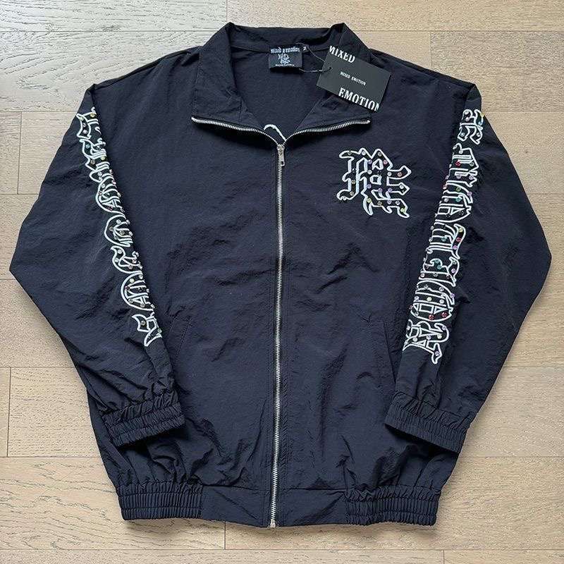 Mixed Emotion - Trendy Urban Embroidered Diamond Letter Style Jacket and Pants Set with Long-Sleeved Trousers