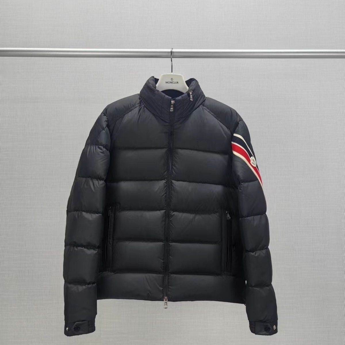 Moncler Hidden Hooded Down Jacket with Arm Color Stripes and Braided Tape