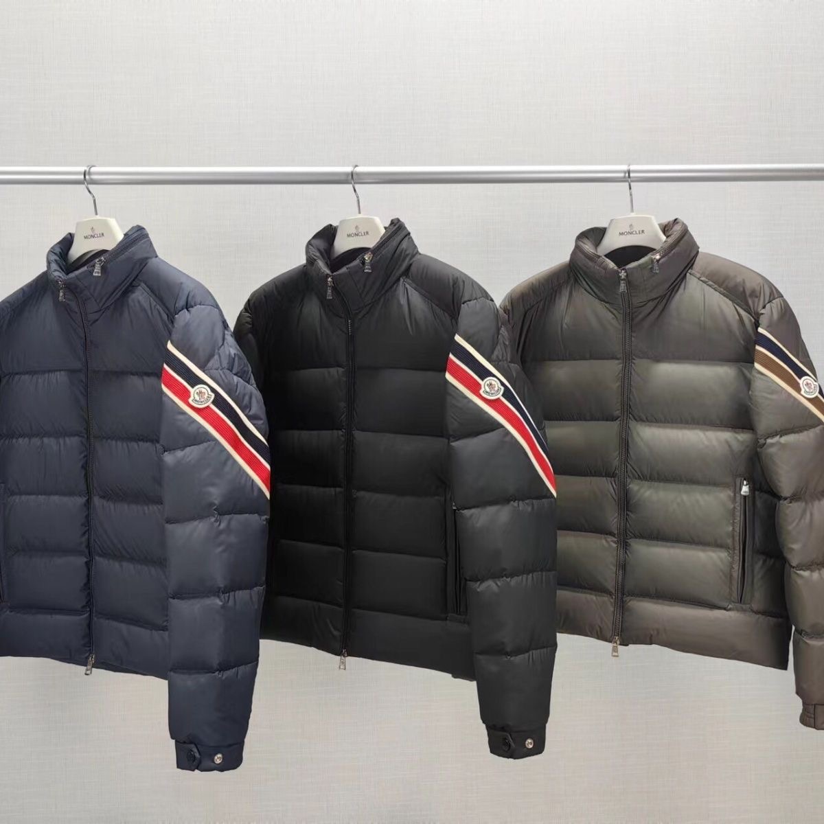 Moncler Hidden Hooded Down Jacket with Arm Color Stripes and Braided Tape