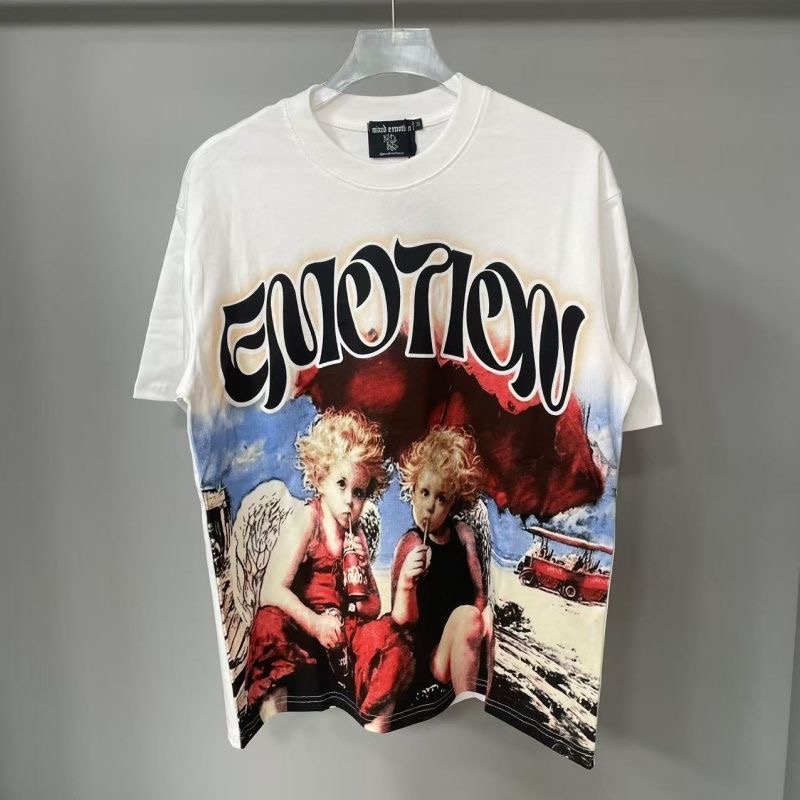 MIXED EMOTION American Street Style Little Angel Print Diamond Letter Short Sleeve T-shirt