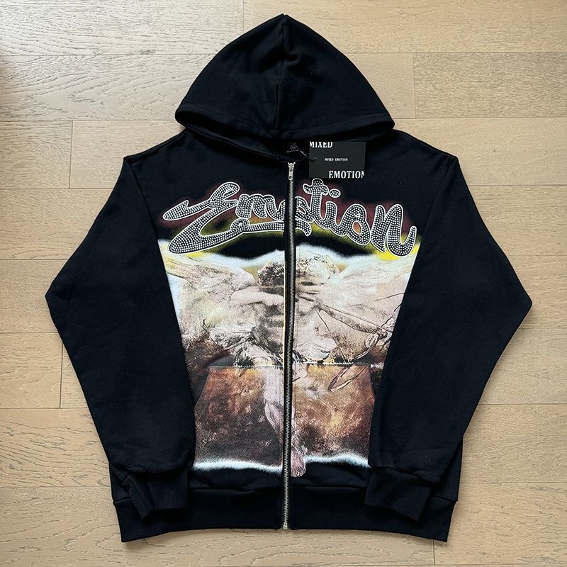 Mixed Emotion Beaded Pure Cotton Hooded Sweatshirt with Zipper Coat