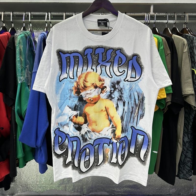 Mixed Emotion Rhinestone Letter Blinded Angel Print Round Neck Short Sleeve T-shirt