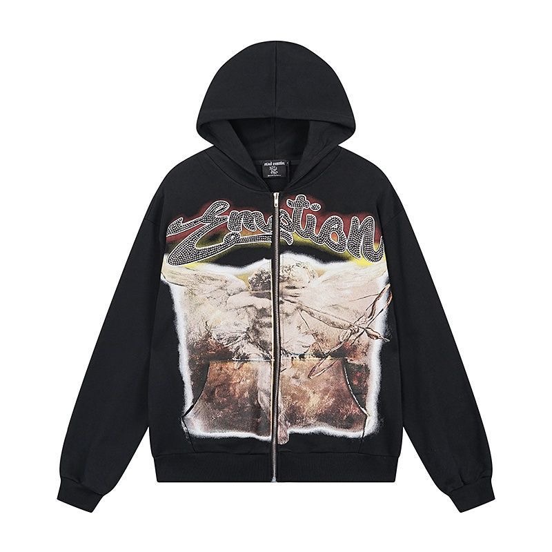 Mixed Emotion Angel Print Diamond Letter Hooded Sweatshirt