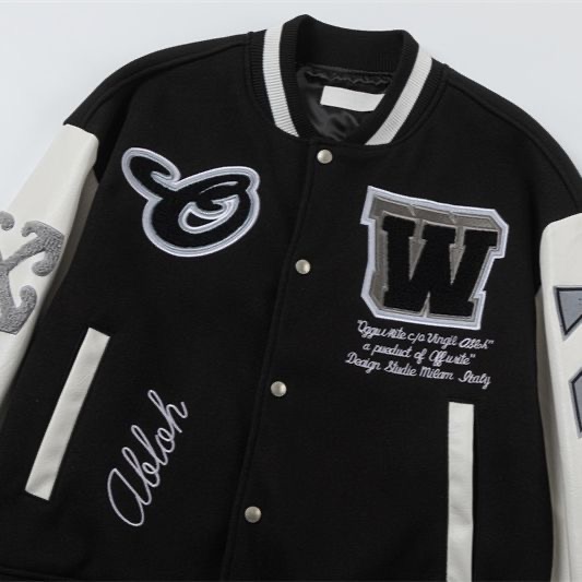OFF white autumn and winter couple embroidered patchwork baseball jacket outerwear