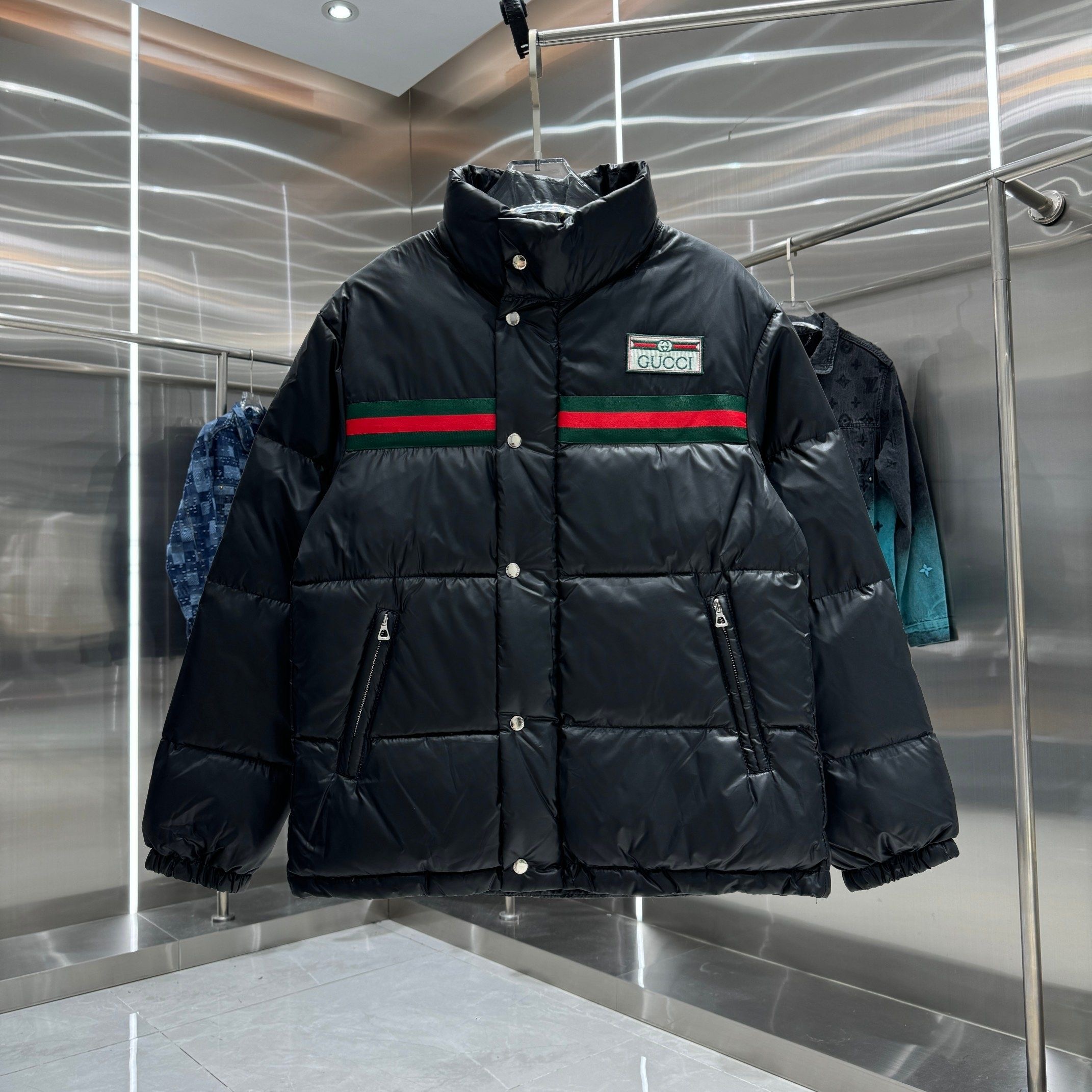 GUCCI striped ribbon embroidered letters warm white duck down down jacket jacket