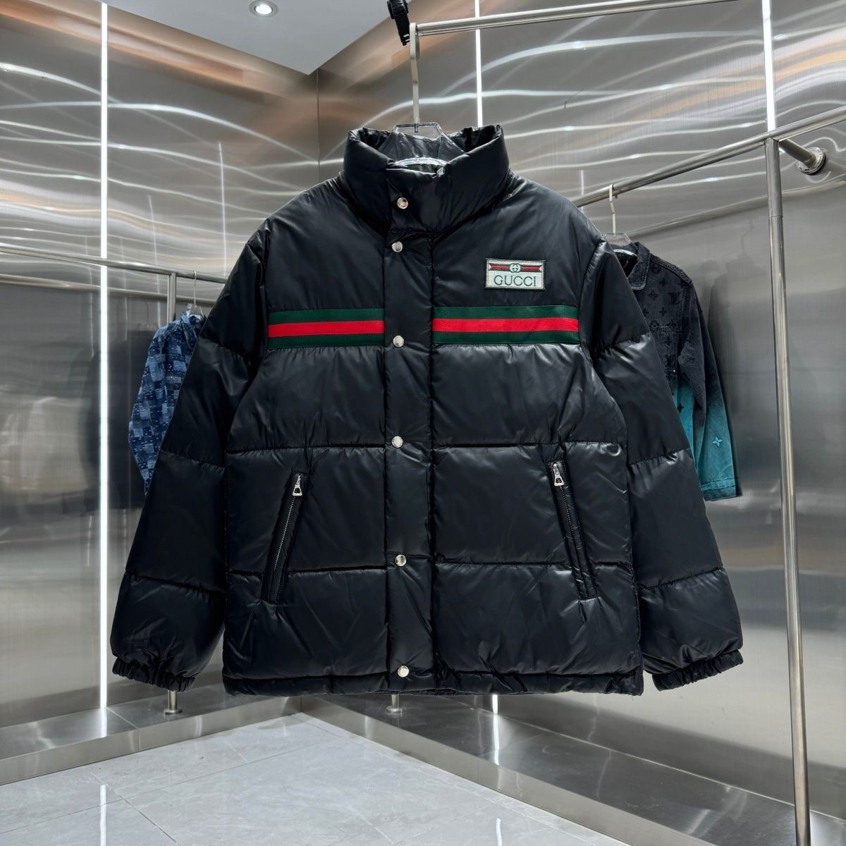 GUCCI striped ribbon embroidered letters warm white duck down down jacket jacket