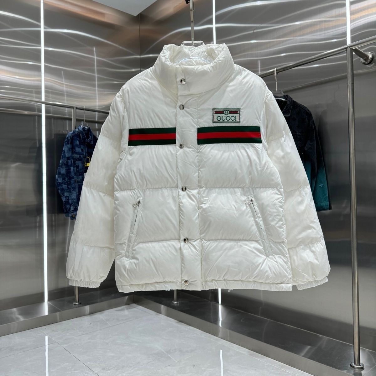 GUCCI striped ribbon embroidered letters warm white duck down down jacket jacket