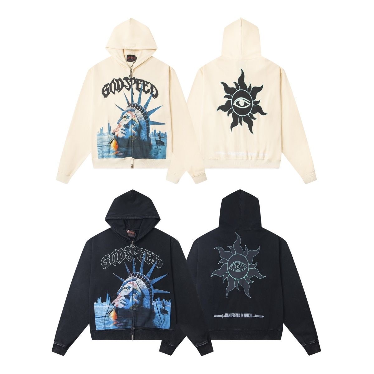 Cross border Godspeed Statue of Liberty pure cotton hooded sweatshirt cardigan jacket loose fit