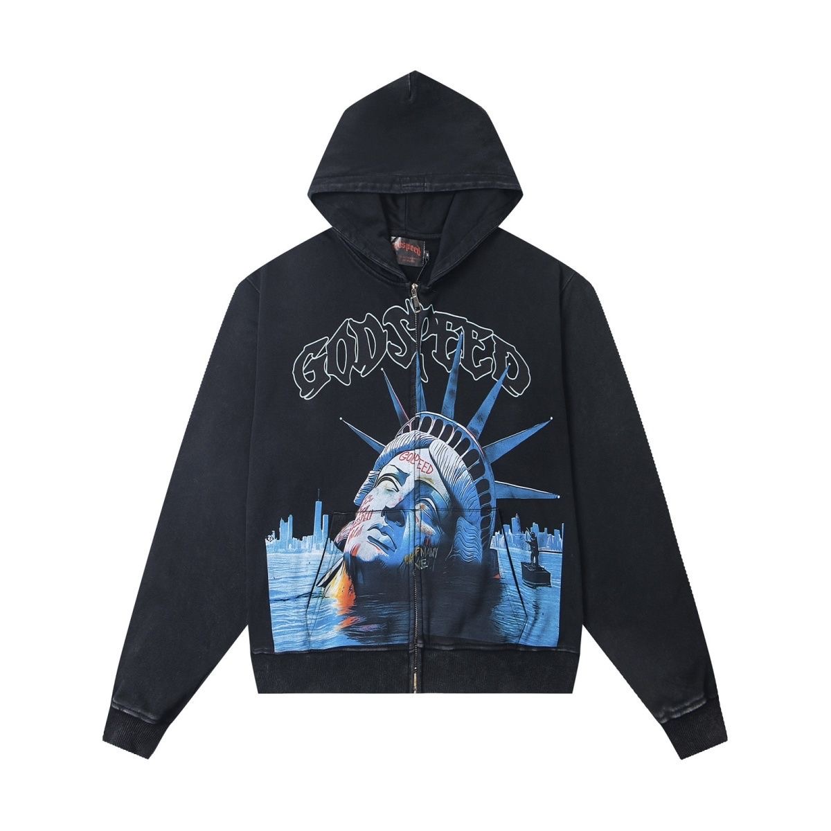 Cross border Godspeed Statue of Liberty pure cotton hooded sweatshirt cardigan jacket loose fit