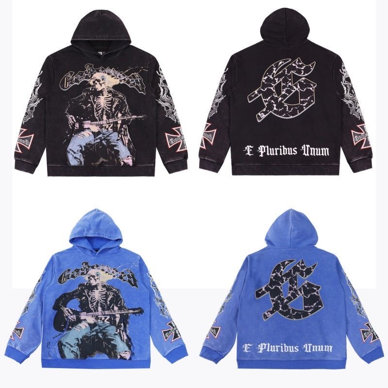 Godspeed Rock Skull Retro Printed Water Washed Loose Hooded Hoodie