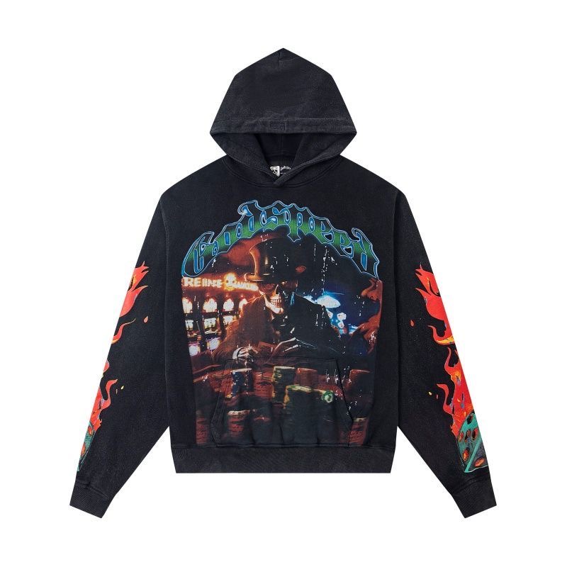 Godspeed American skull print retro washed distressed loose looped cotton hooded sweatshirt