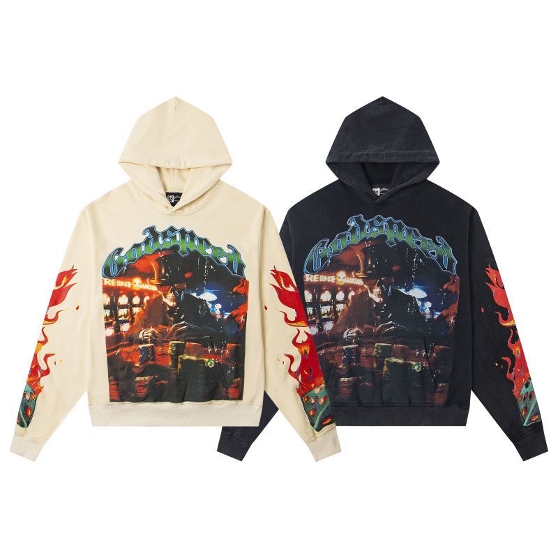 Godspeed American skull print retro washed distressed loose looped cotton hooded sweatshirt